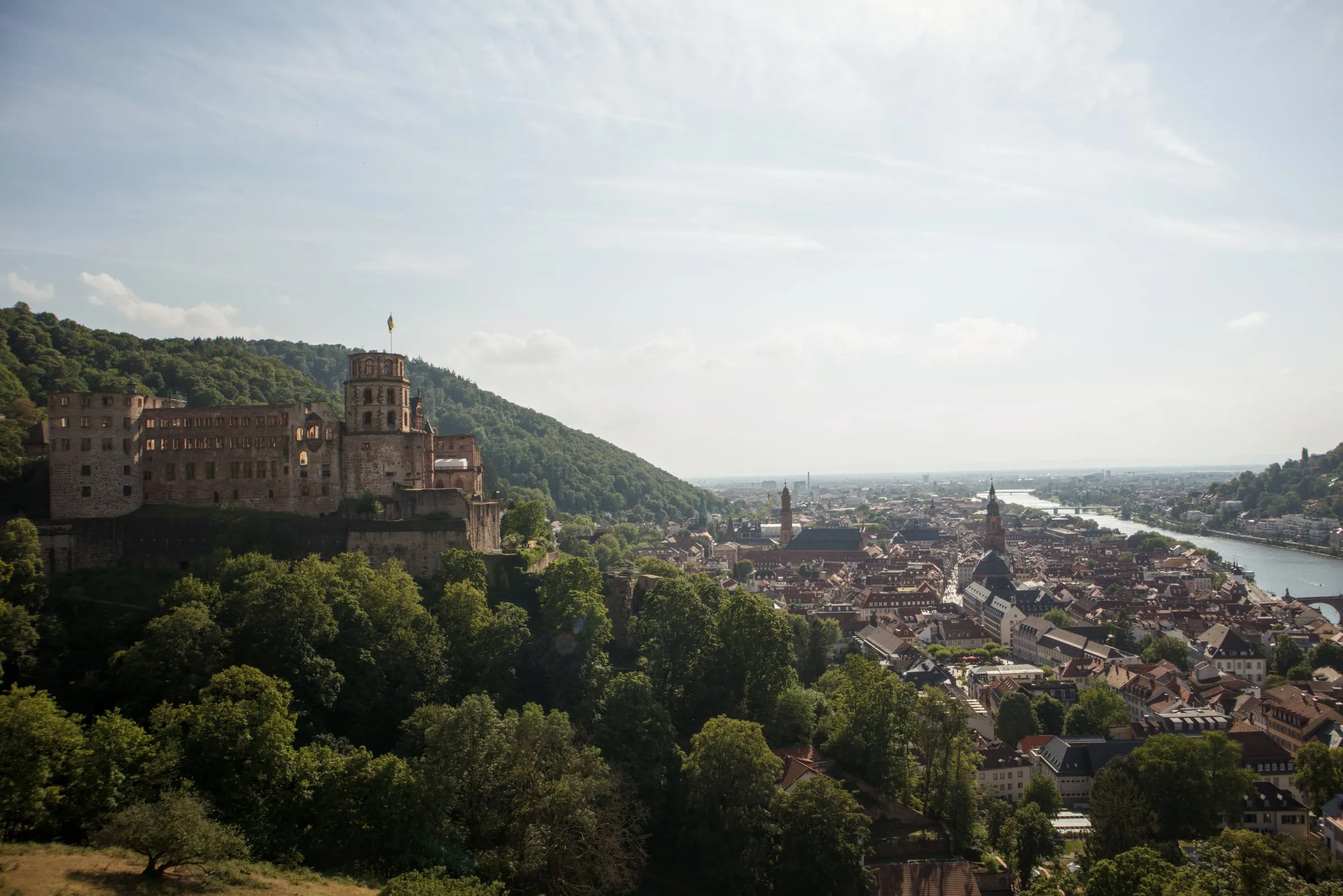 Funicular railway climbing the steep hillside towards Heidelberg Castle