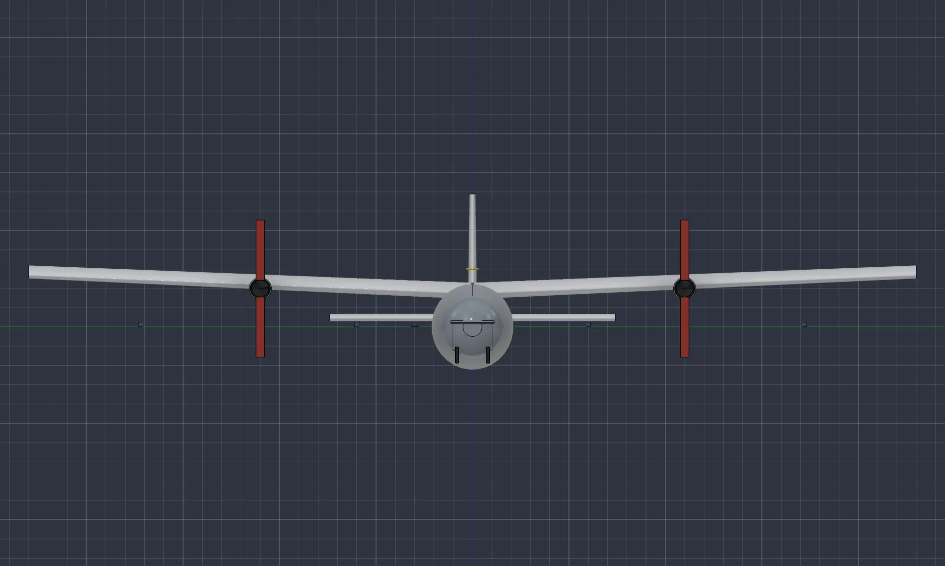 Front view of the aircraft showing the high wing, both propellers and the pod fuselage