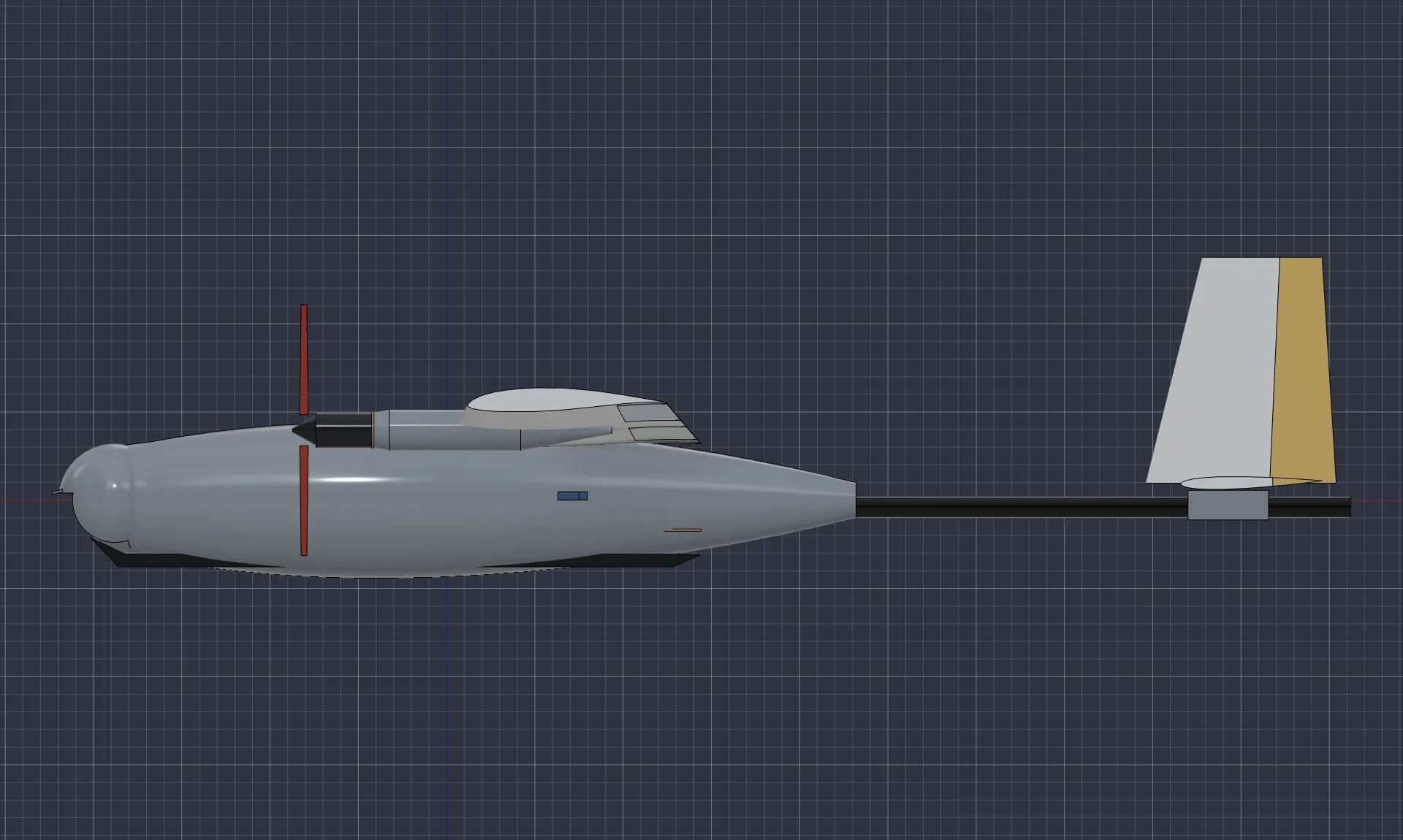 Side view of the pod fuselage, tail boom and fin