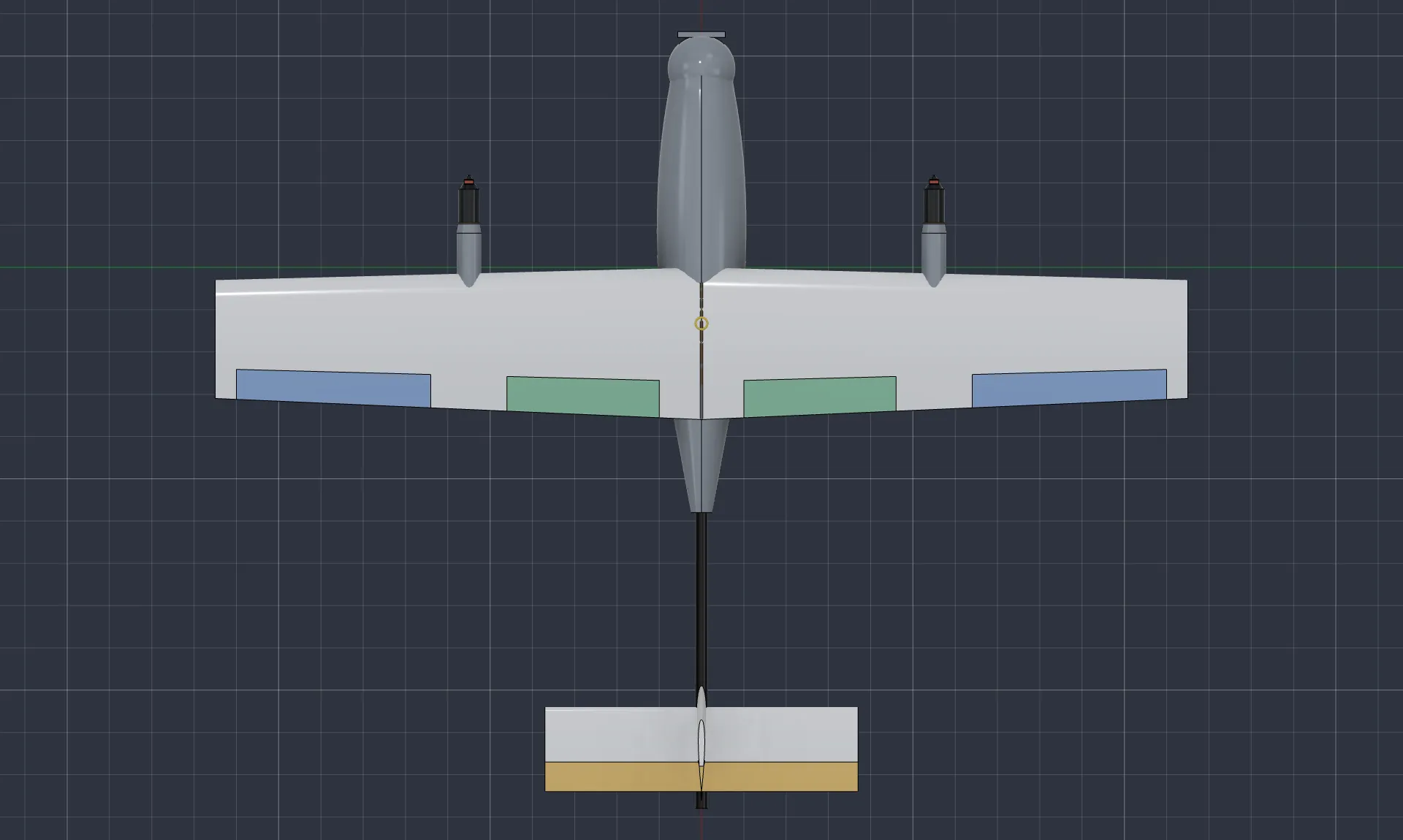 Top view of the aircraft in Fusion 360, showing the tapered wing, two nacelles and the tail on a single boom
