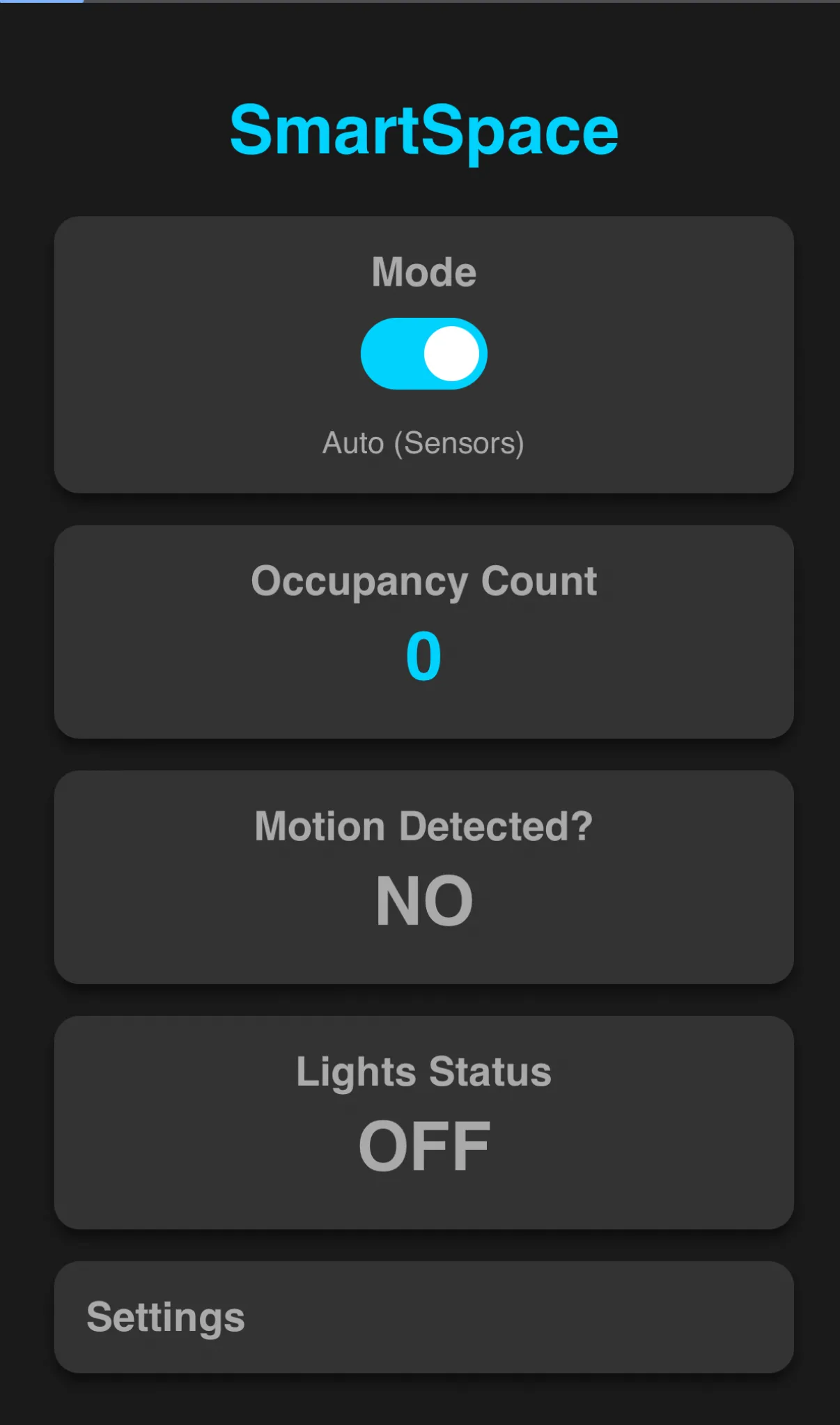 The controller's web dashboard on a phone, showing mode, occupancy count, motion and light status