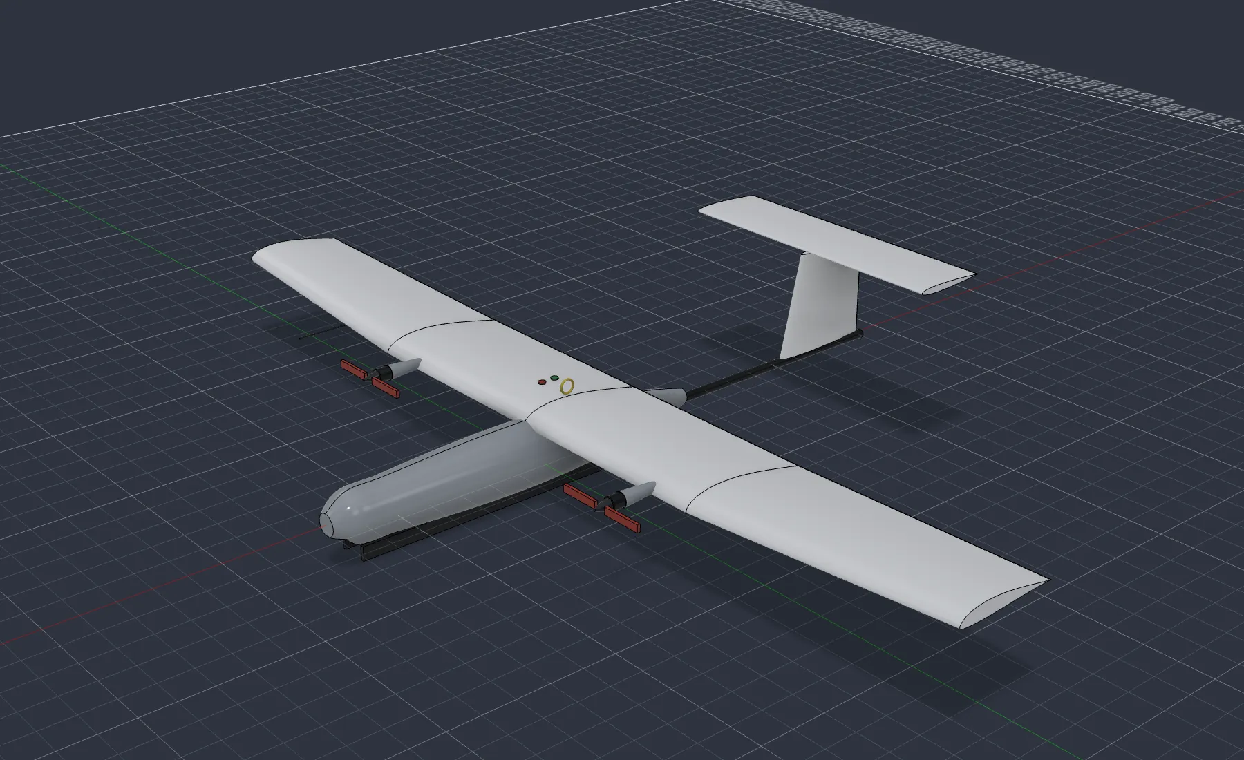 Twin tractor motors on the wing, camera in the nose, T-tail