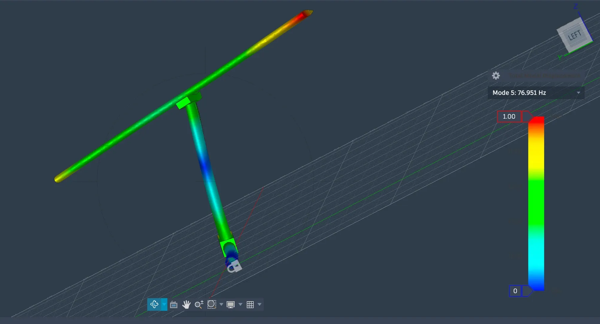 Fusion modal result for the T-tail's fin spar and stabiliser spar, showing mode 5 at 76.951 Hz
