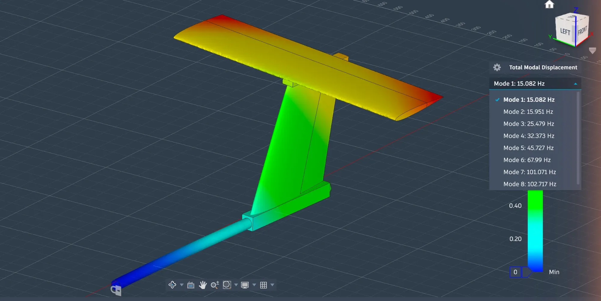 Fusion modal result for the T-tail on its boom, coloured by displacement, with a list of eight modes from 15.1 Hz to 102.7 Hz